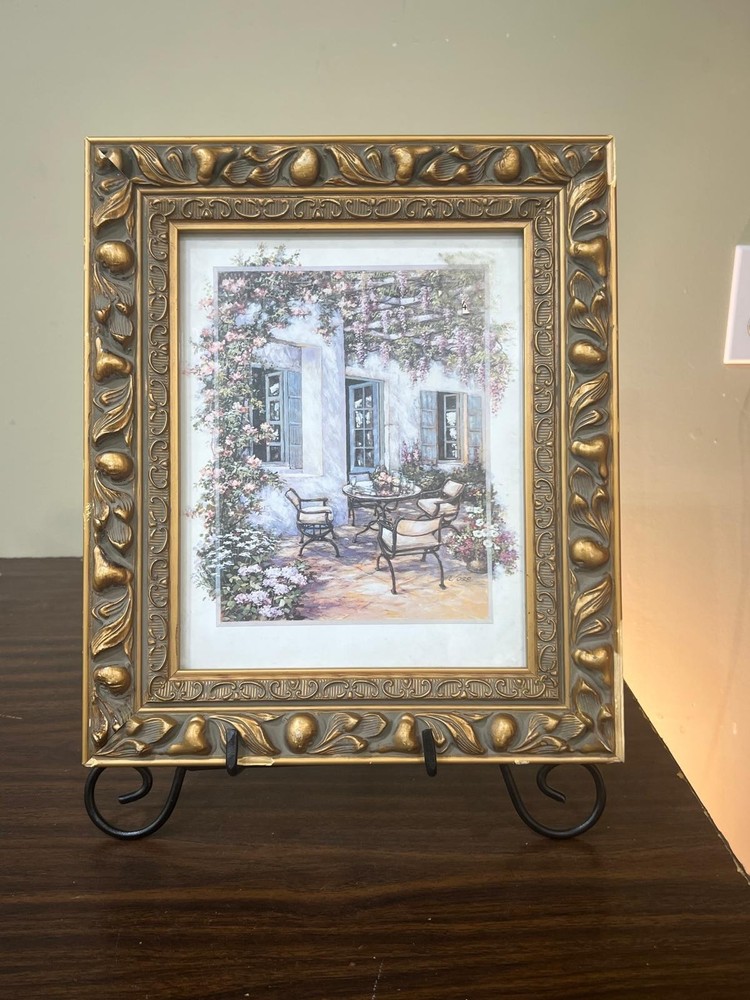 Peaceful Courtyard Dining Covered In Flowers Frame with Stand 11 1/2