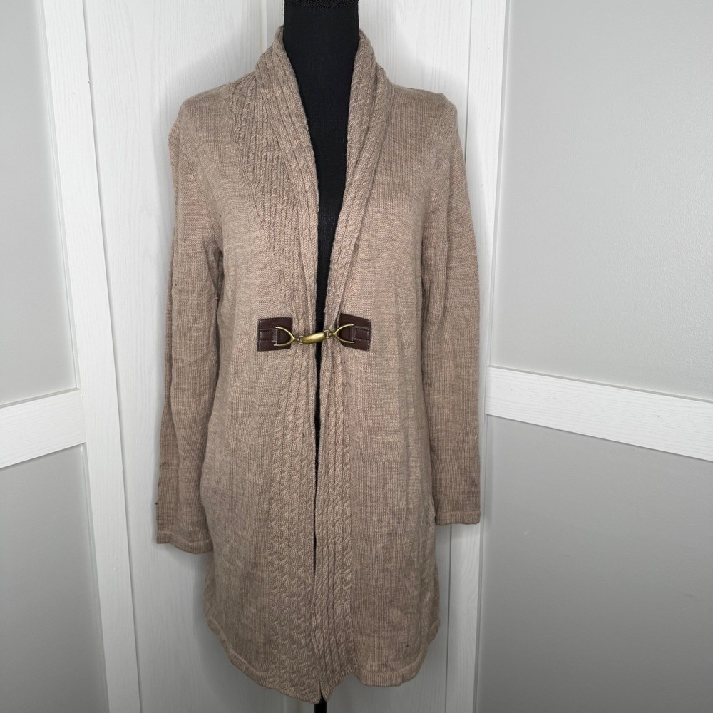 Ellen Tracy Cardigan Sweater Women Large Tan Merino Wool Blend Toggle Shawl Neck