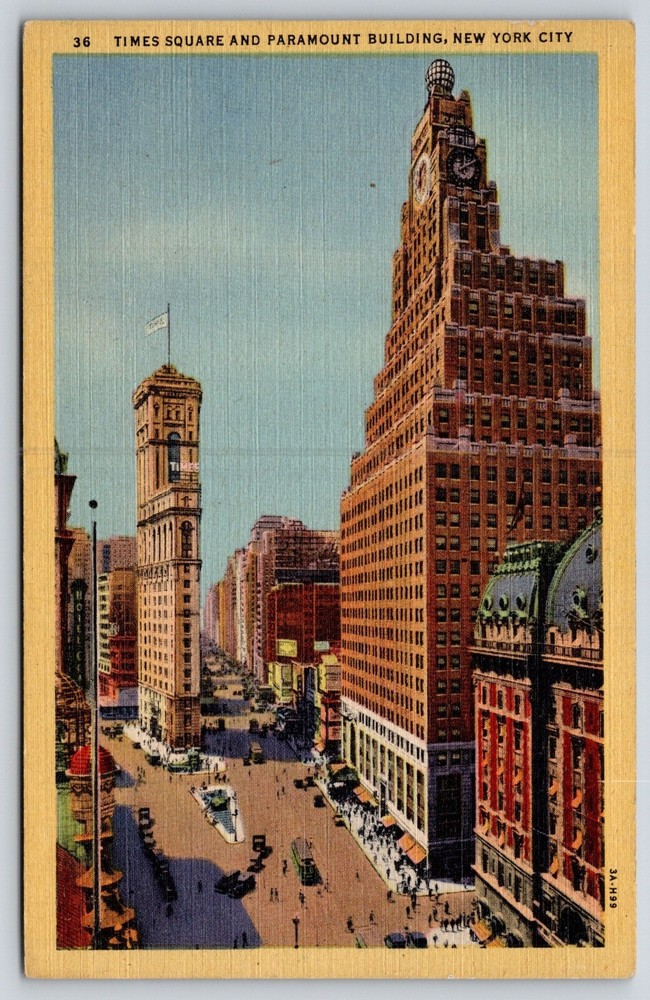 New York City~Air View Times Square & Paramount Building~Vintage Linen Postcard