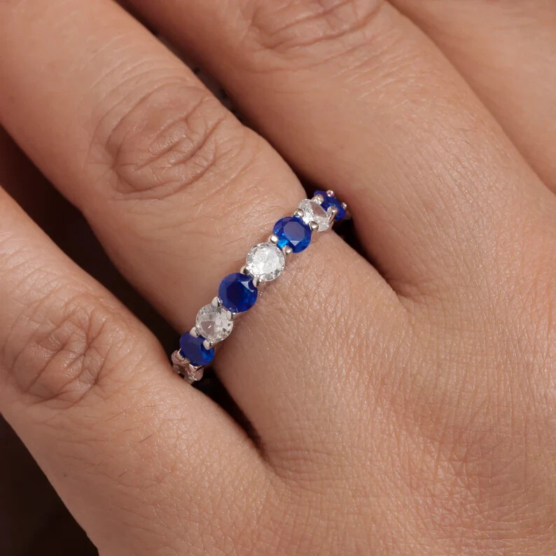 3Ct Round Simulated Sapphire 14k White Gold Plated Women Full Eternity Band Ring