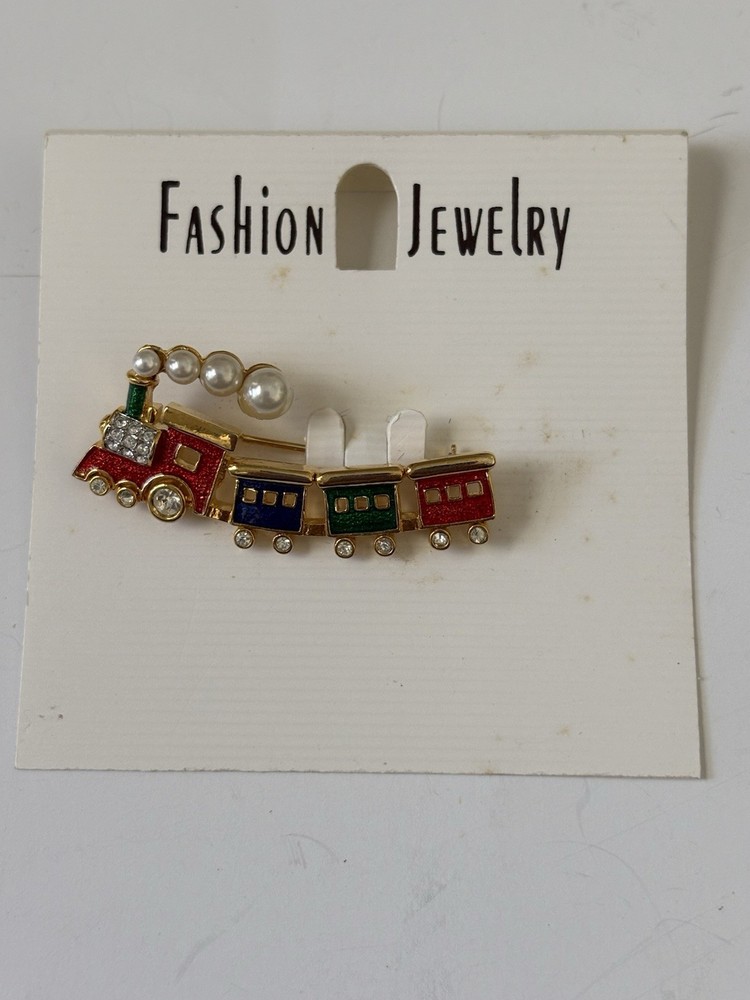 Vintage Train Brooch Gold Tone Multi-Color Enamel w/Faux Pearls & Rhinestones