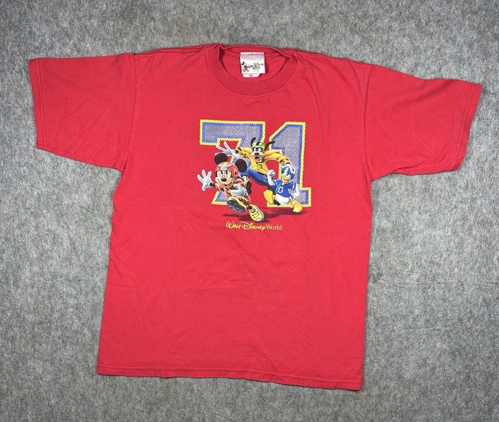 Vintage Walt Disney World 71 Football T Shirt Youth XL Mickey Goofy Donald Red