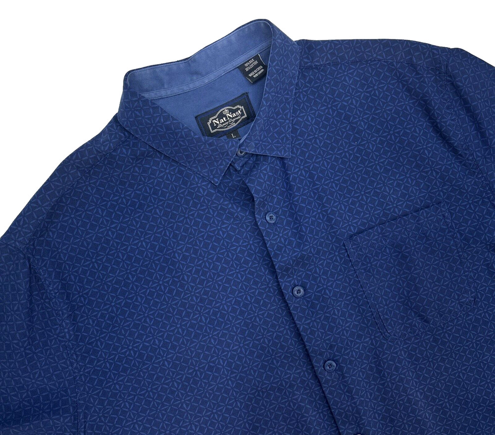 Nat Nast Luxury Button Up Short Sleeve Silk Blend Shirt Men L Navy Design