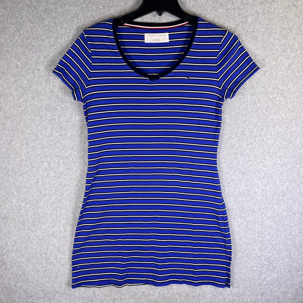 Tommy Hilfiger Dress Women's M Blue White Striped Short Sleeve Crew Neck Casual