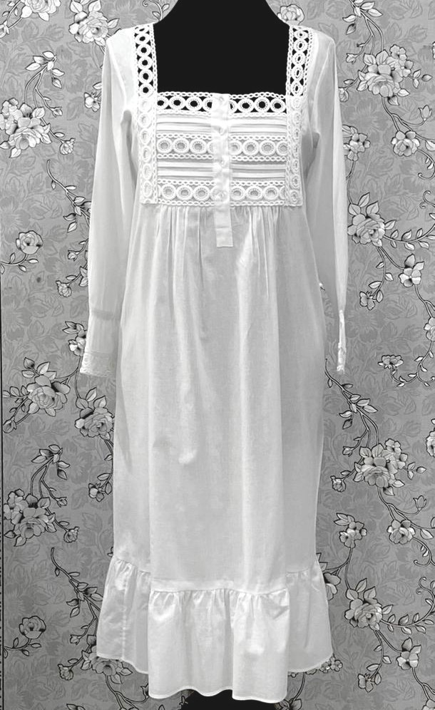 SoieRose SR-1213 Victorian 100% Cotton Nightgown � Square Neck Lace Trim