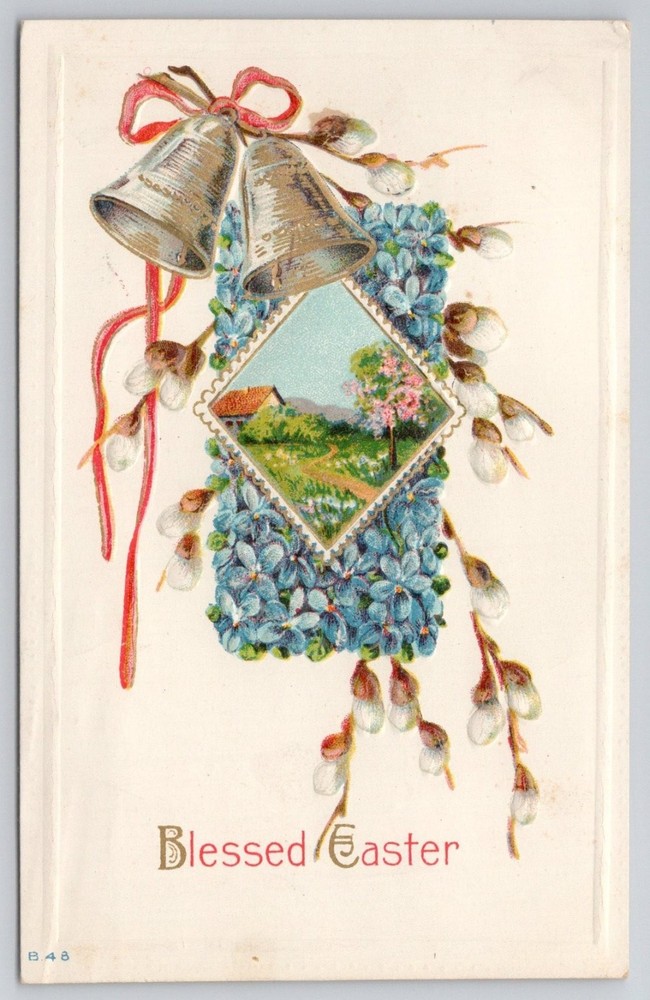 Blessed Easter Postcard 1912 Embossed Pussy Willows Bells Hampton NJ