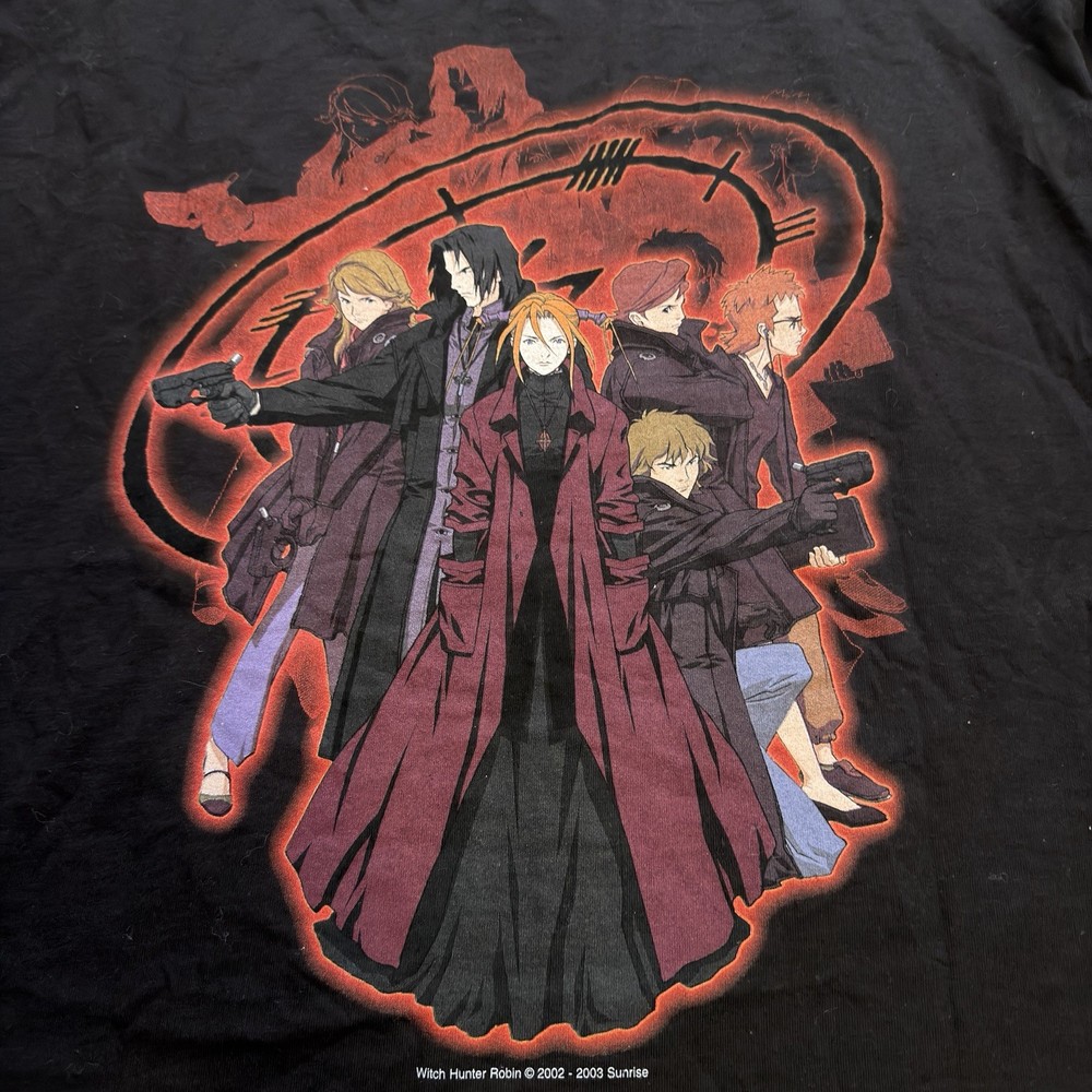 Vintage 2002 Witch Hunter Robin Anime T-Shirt Cygnus Tag XL Faded Black STN 1031