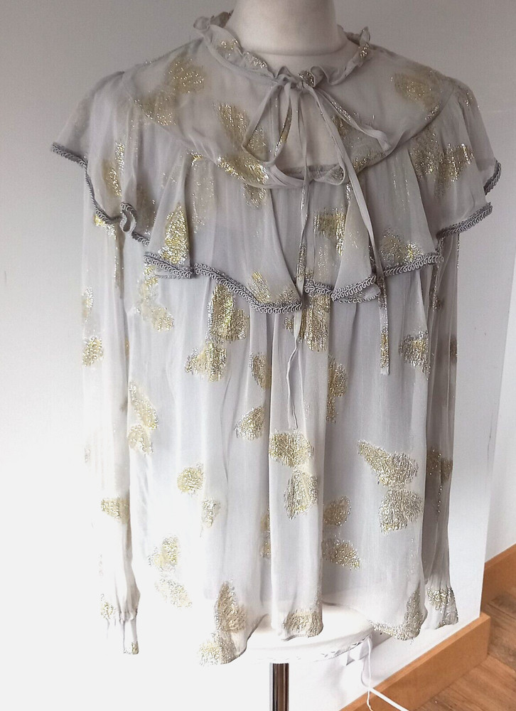 Needle and Thread Blouse Top Grey Vintage Ruffle Lurex Gold Butterfly Midi UK 8