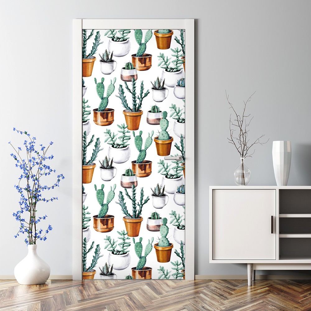Cactus Pots Watercolor Floral Decal for Bubble-Free Door Decor