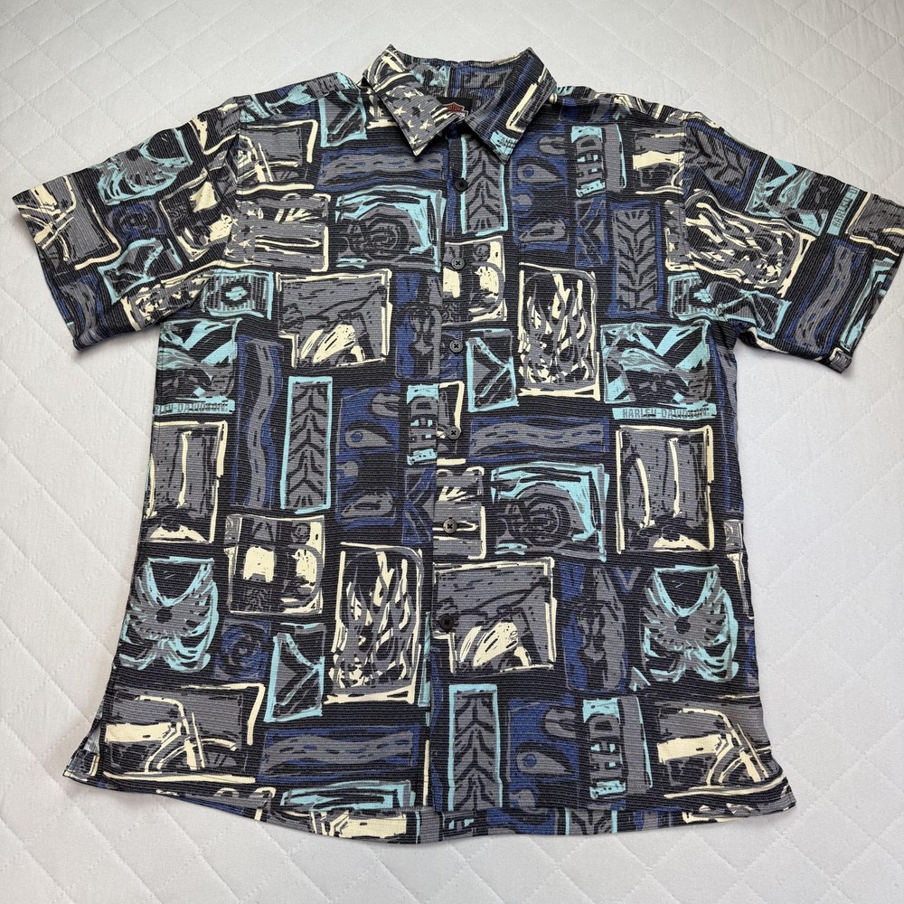 Harley-Davidson Shirt Mens Large Blue Abstract Graphic Short Sleeve Button Biker-image