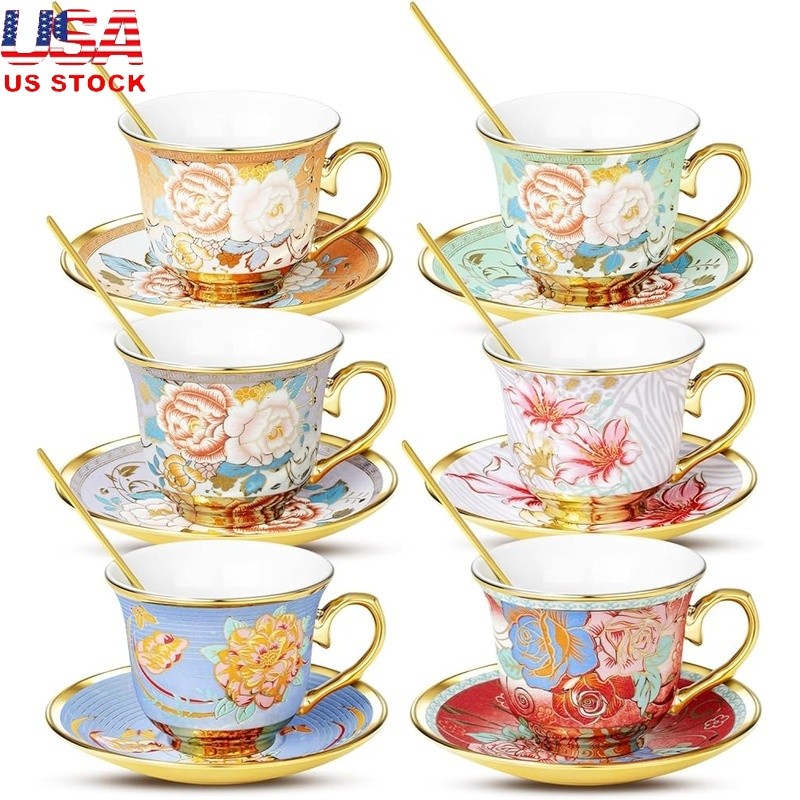 Elegant Vintage Floral Ceramic Tea Cup & Saucer Set 6 Pieces Perfect Gift New