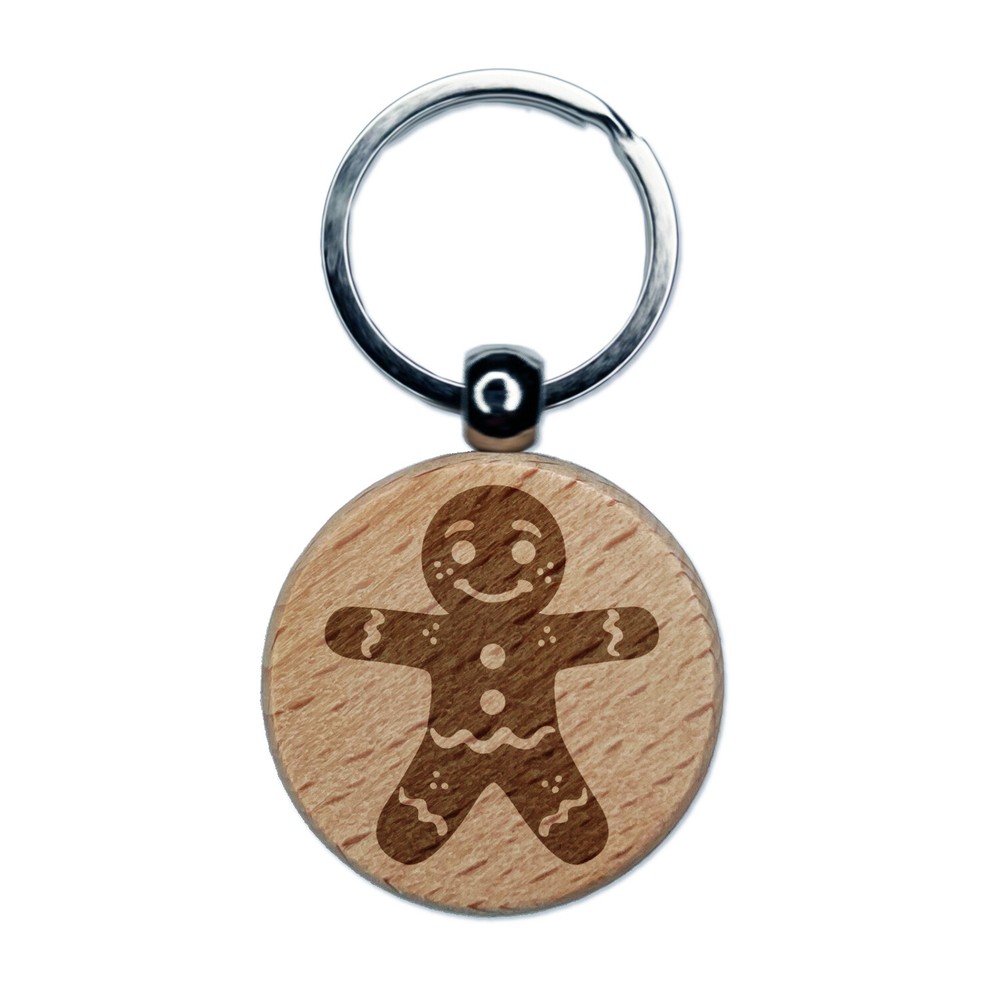 Christmas Gingerbread Man Engraved Wood Round Keychain Tag Charm