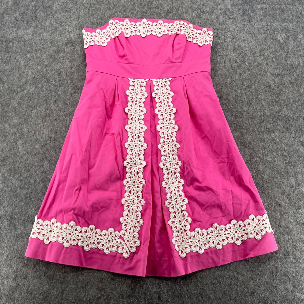 Lilly Pulitzer Size 6 Pink Betsey Dress Strapless White Lace Embroidery Pleat