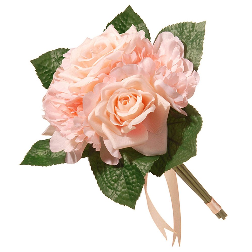 12 in. Spring Floral Bouquet with Pink Rose and Peony Blooms, Ribbon, Seed Pods,