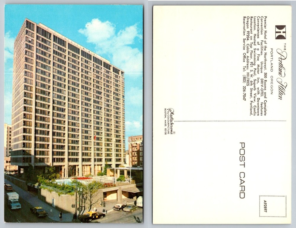 Vintage Portland Hilton Hotel Oregon Postcard - Plastichrome Mid-Century Modern