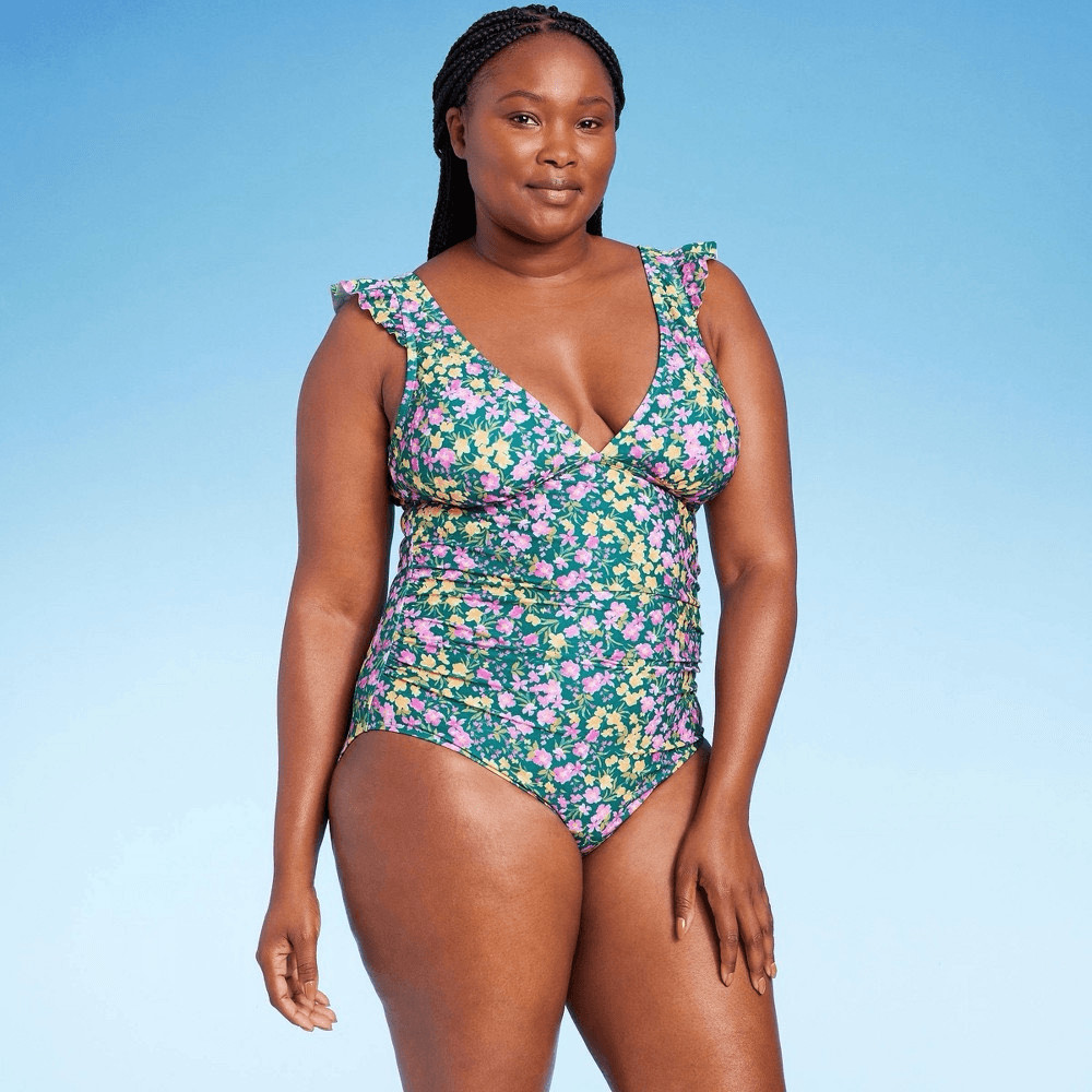 Women's Ruffle Shoulder Ruched Full Coverage One Piece Swimsuit - Kona Sol large