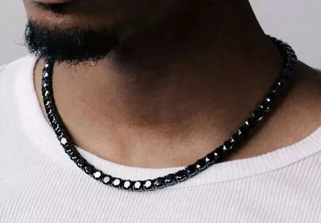 14K White Gold Plated 4mm Black Diamond Unisex Tennis Chain 18 Inch