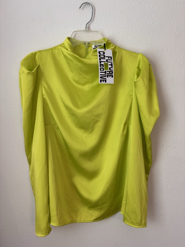 NWT Future Collective Women's M Neon Lime Green Puff Sleeve Mock Neck Blouse Top