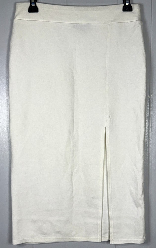 Forever 21 White Stretch Bodycon Pencil Skirt Slit High Rise Midi Sexy Womens L