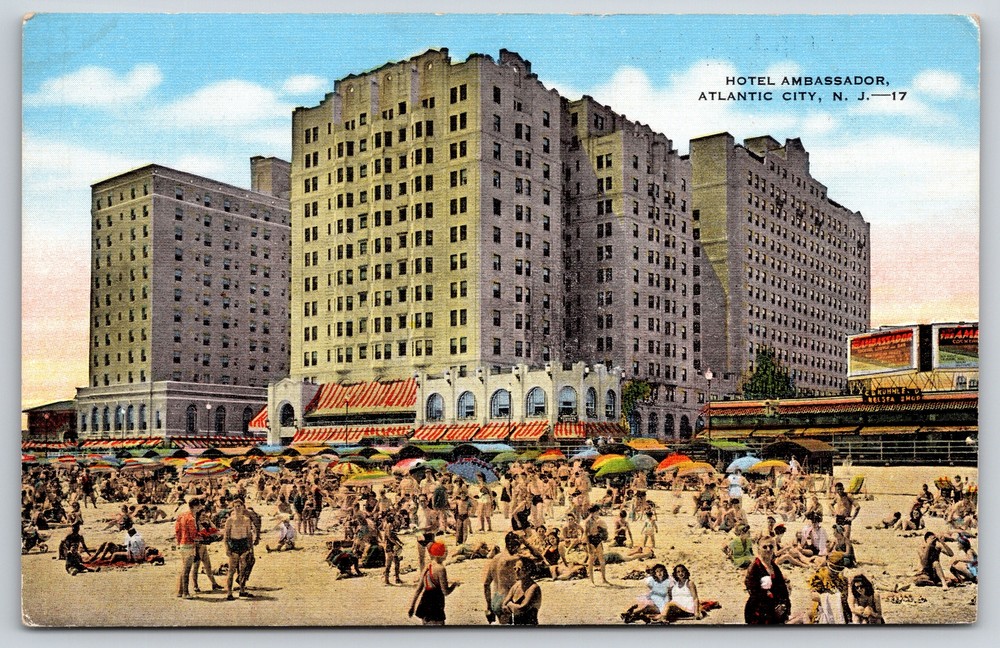 Hotel Ambassador & Beach Scene~Atlantic City New Jersey~Vintage Linen Postcard