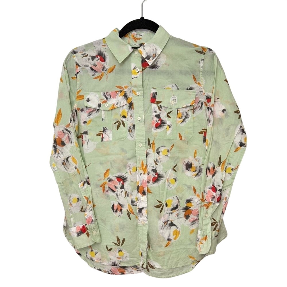 LAUREN  RALPH LAUREN Women's GREEN  FLORAL CAREER SHIRT BLOUSE Small Petite