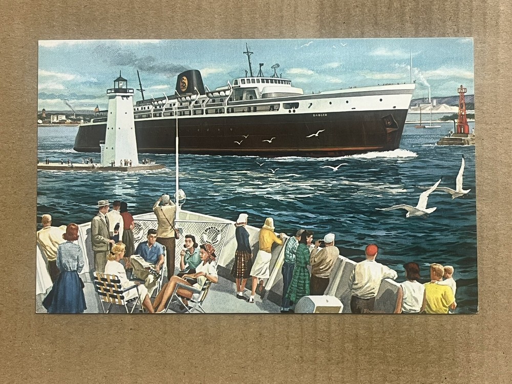 Postcard SS Badger Chesapeake Ohio Railroad Ferry Ship Lake Michigan Lighthouse