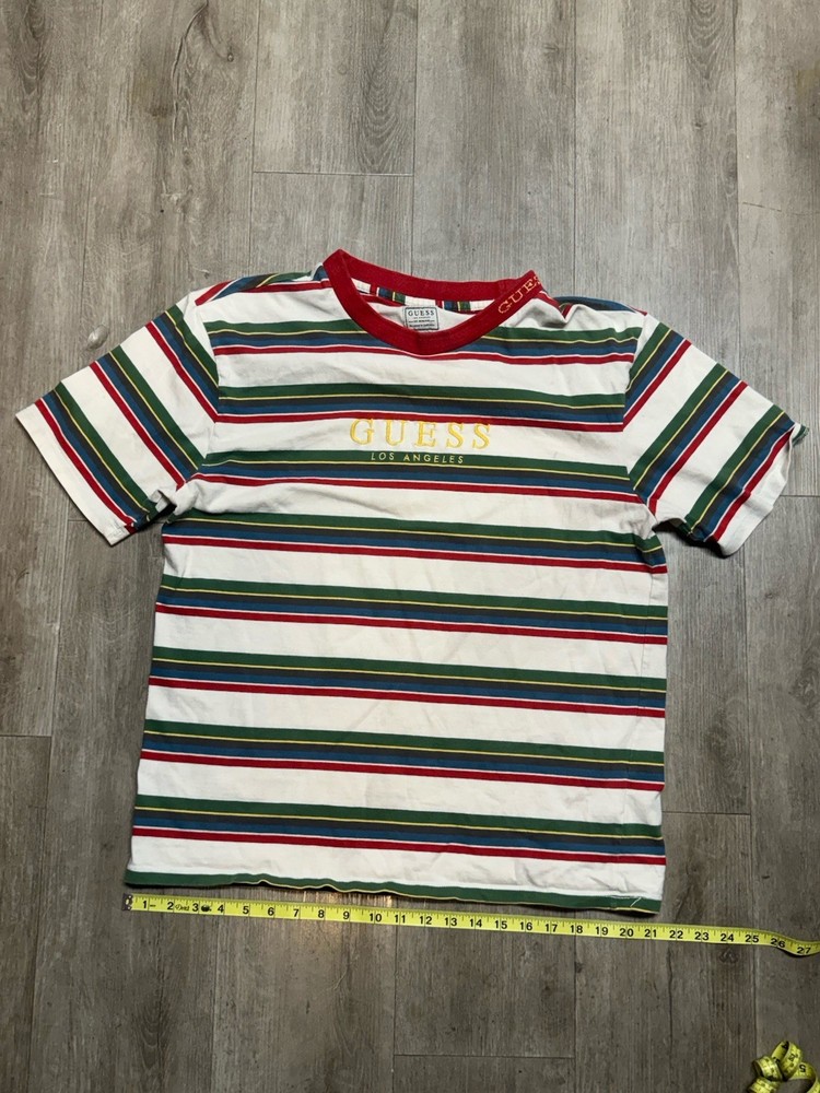 Guess Los Angeles Striped Shirt Mens M Embroidered Logo Retro Tee