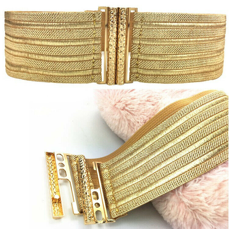 Gold-Tone Stretch Waist Belt for Women – Fashionable Wide Buckle Band
