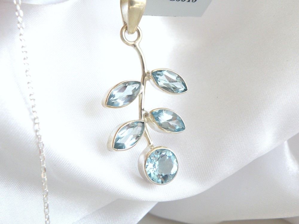 Sterling Silver 925 Natural Heated Blue Topaz Vine Branch Pendant Necklace