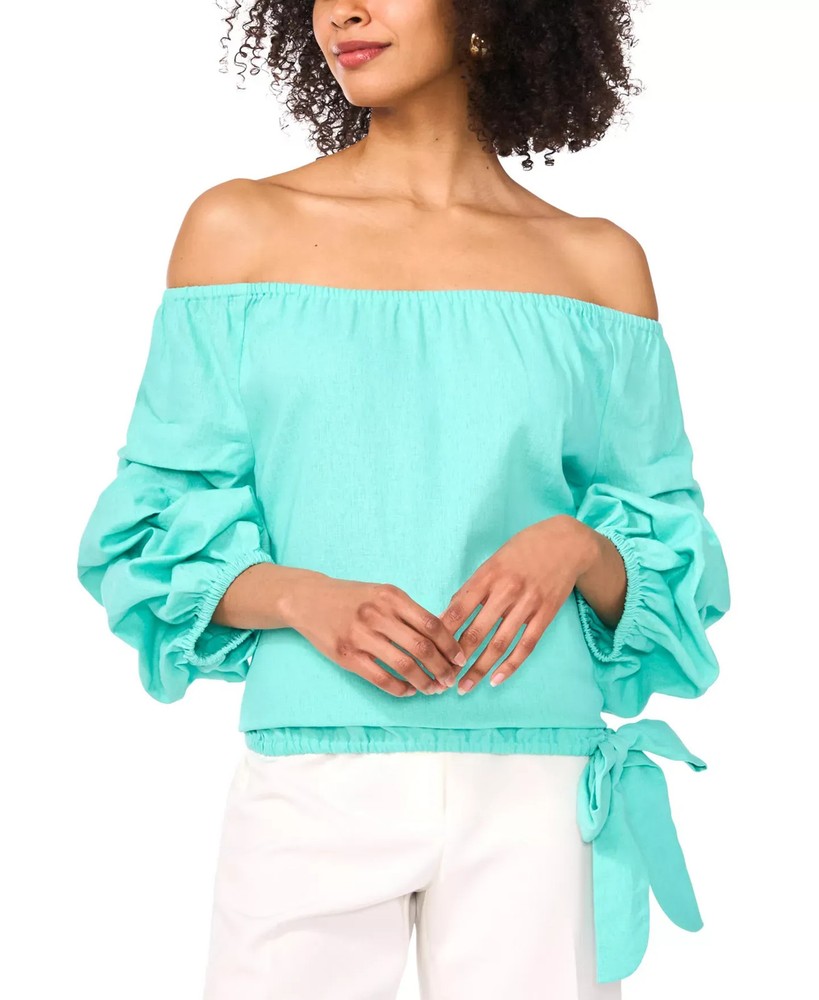 Vince Camuto Women's Top Sz L Linen-Blend Off The Shoulder Bubble