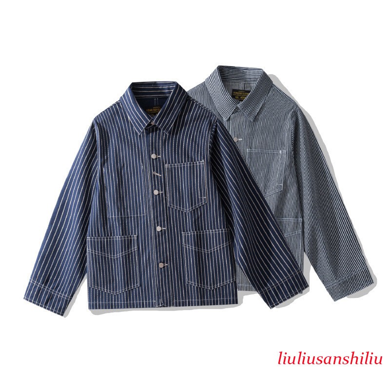 Amekaji WABASH Striped Denim Jacket Men Railroad Worker Jacket Motorcycle Coat