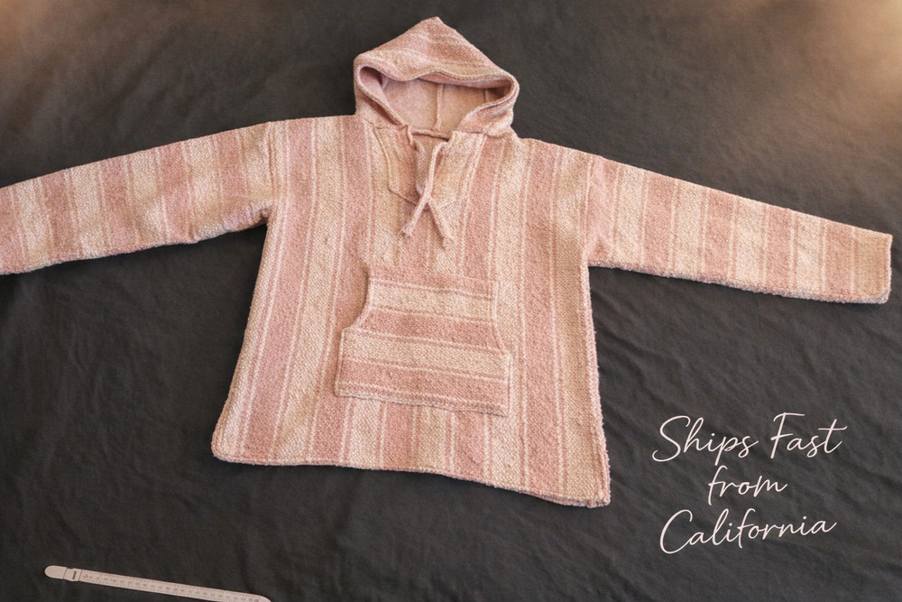 Pink Striped Baja Poncho Hoodie Women’s Boho Pullover Soft Woven Festival Top