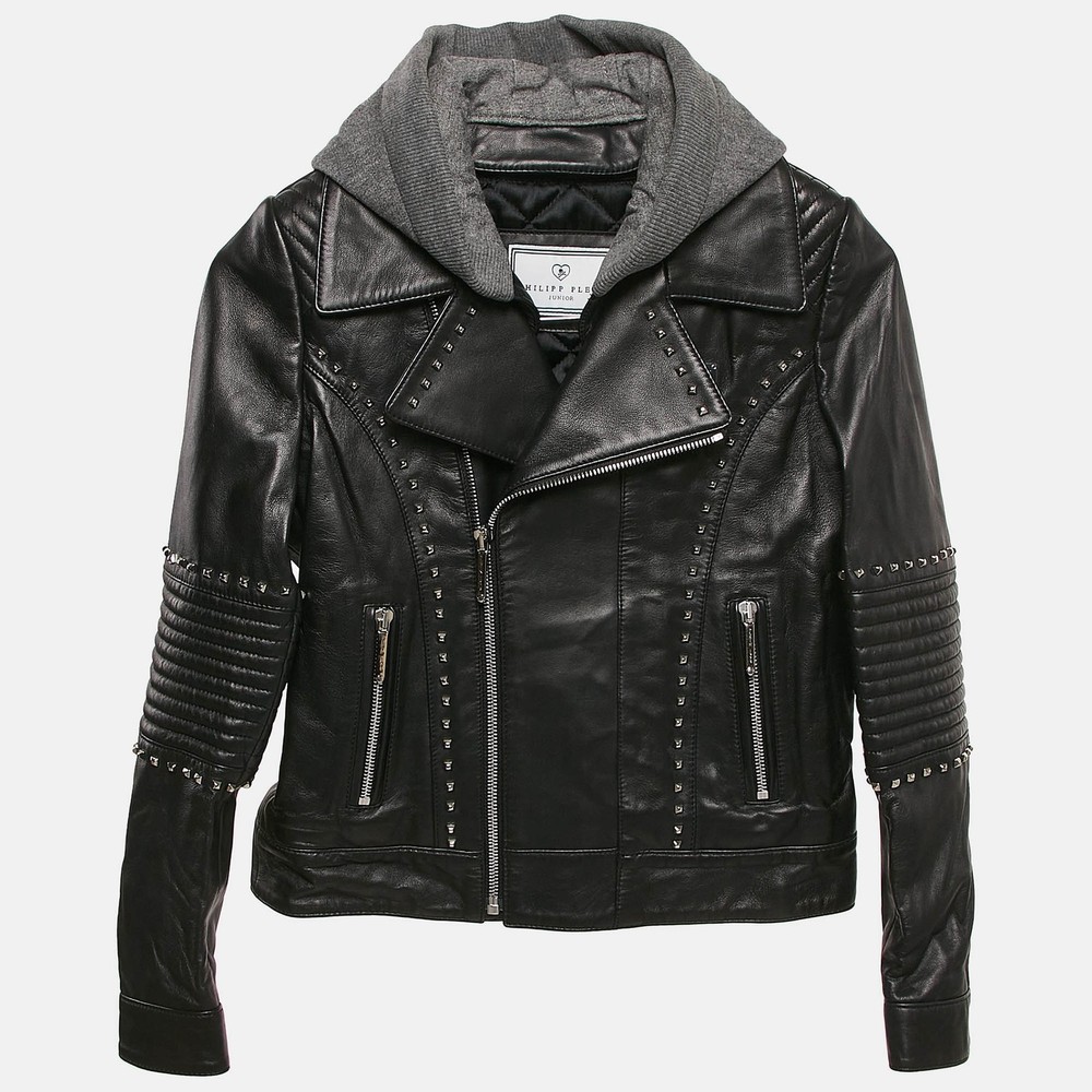 Philipp Plein Kids Black Studded Leather Biker Jacket with Detachable Hood Size 8