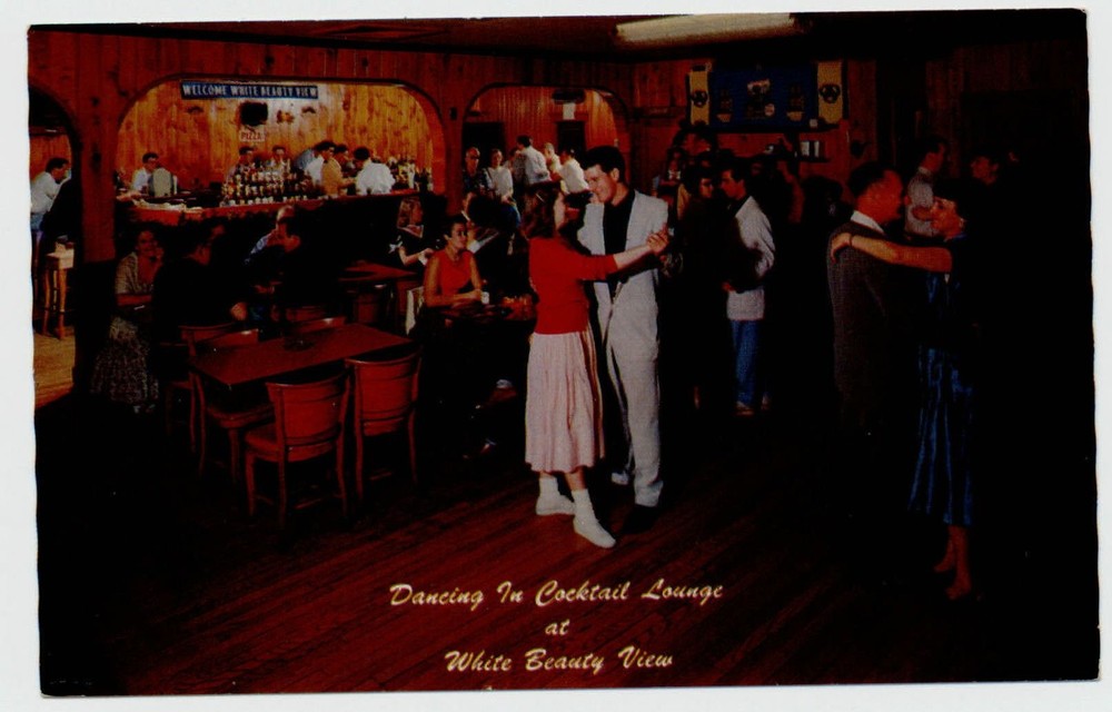 Lake Wallenpaupack PA White Beauty Resort lounge 1950s fashion vintage postcard