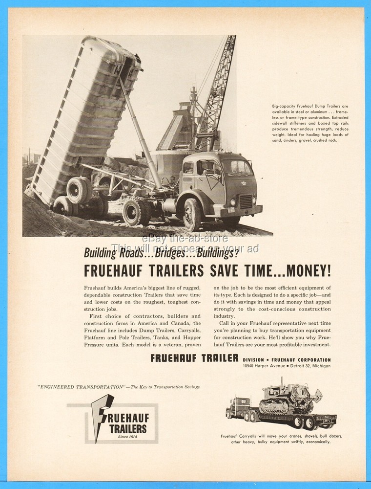 1964  Fruehauf Dump Trailer Carryall Detroit MI Semi Truck Vtg 1960s Photo Ad
