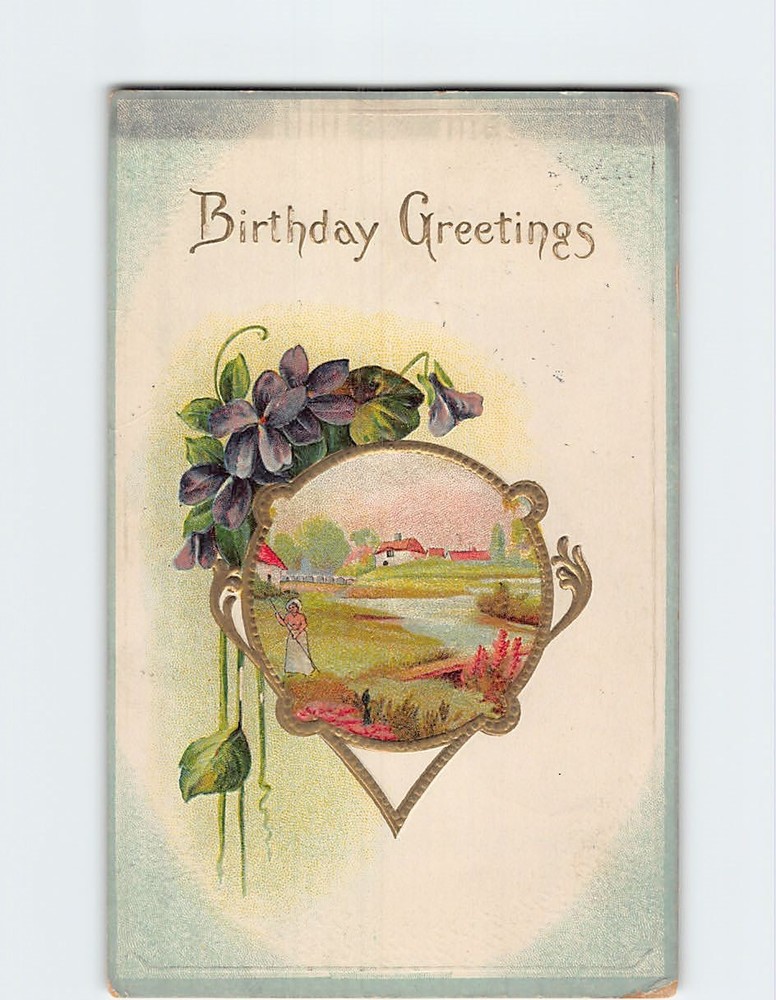 Postcard Birthday Greetings with with Flowers Birthday Embossed Art Print