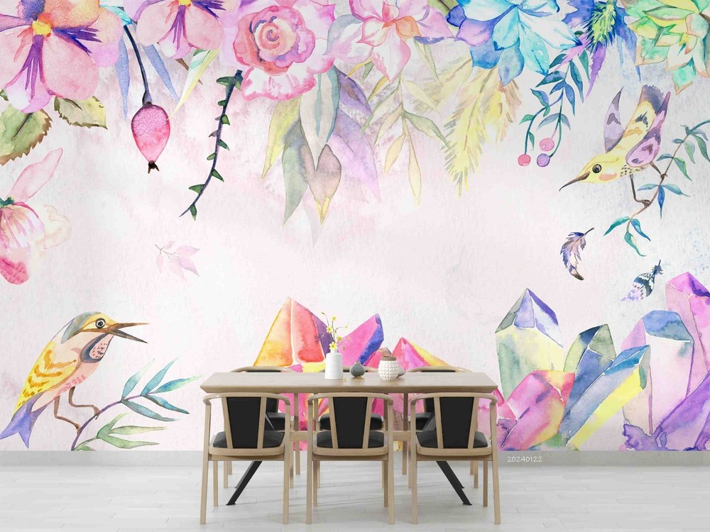 3D Flowers Birds Watercolor Wall Murals Wallpaper Murals Wall Sticker