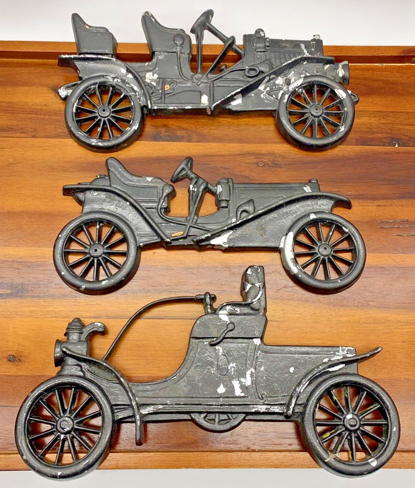 Vintage Cast Aluminum Antique Car Set of 3 Black Wall Decor 11 Inch