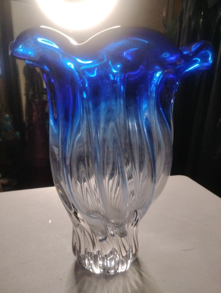 Vintage Murano Italian Glass Vase Somerso Cobalt Blue Clear Ribbed Scalloped Rim