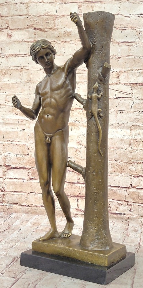 Sensual Male Nude Greek God Collector Lizard Bronze Marble Statue Sculpture Gift