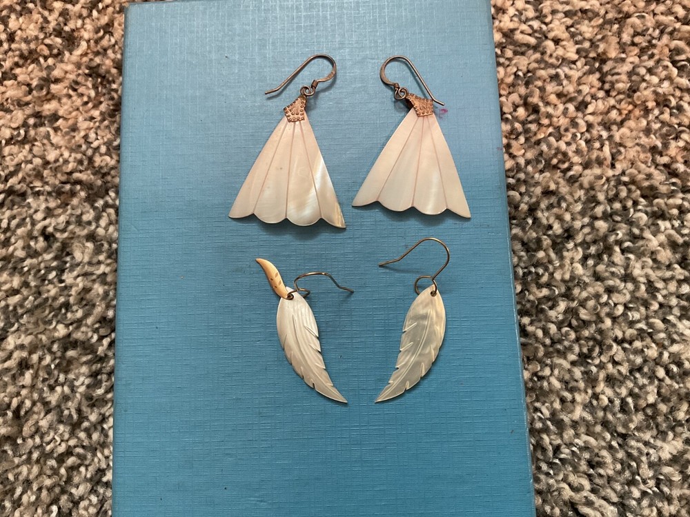vintage two pair carved mother-of-pearl pierced earrings