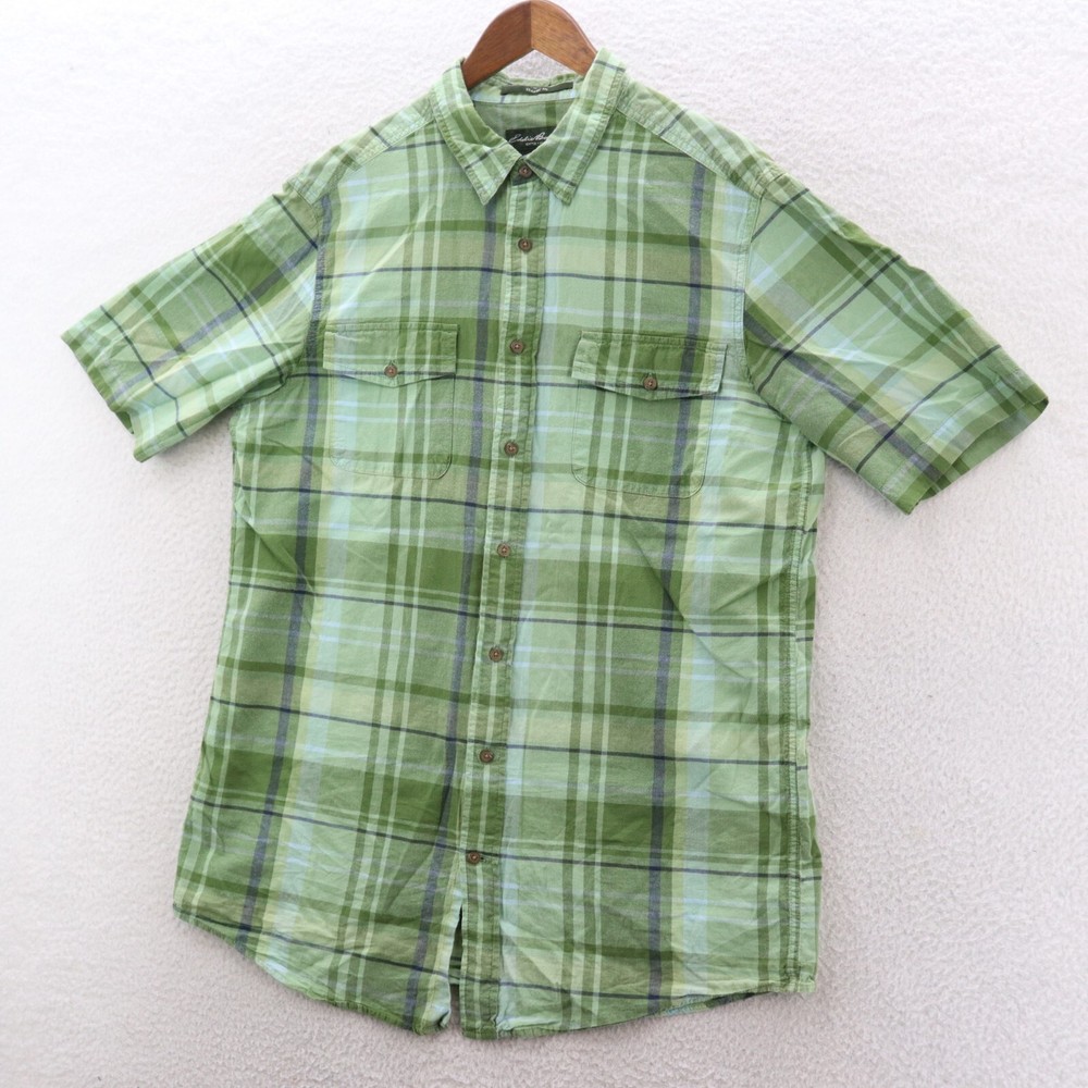 Eddie Bauer Shirt Men's Large Tall Green Button Up Plaid Gorpcore Hiking Outdoor