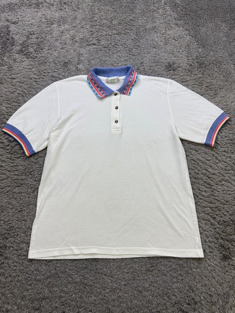Vintage Marcia Southwestern Aztec Trim Polo Shirt Women Medium White Made in USA