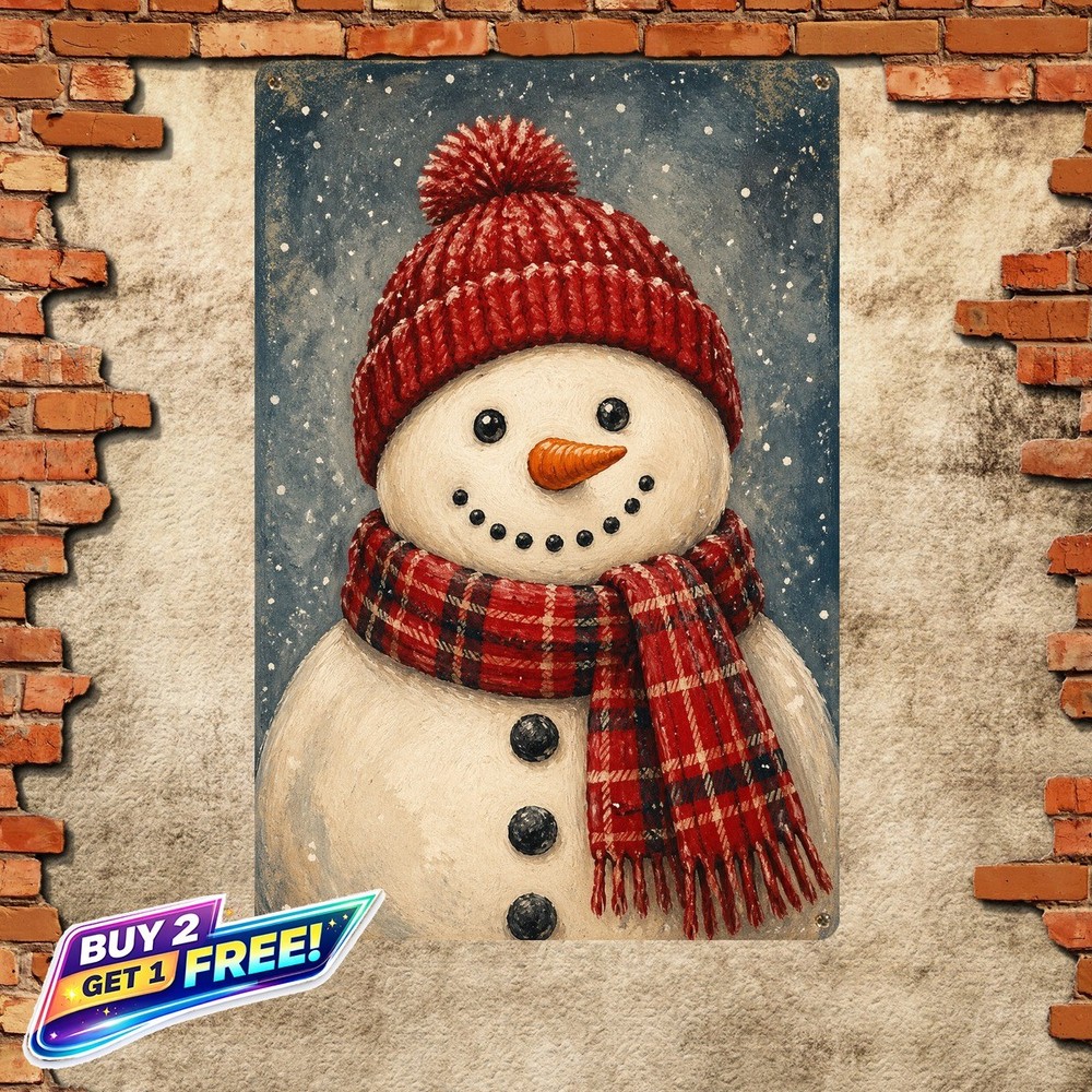 Snowman Oil Painting Christmas Metal Sign Holiday Wall Art