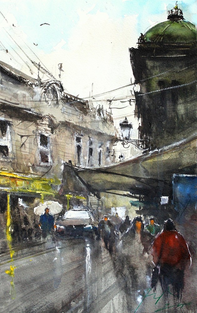 ORIGINAL PAINTING WATERCOLOR VIENNA CITY SCENE ARCHITECTURE CITYSCAPE 13.5x9 in