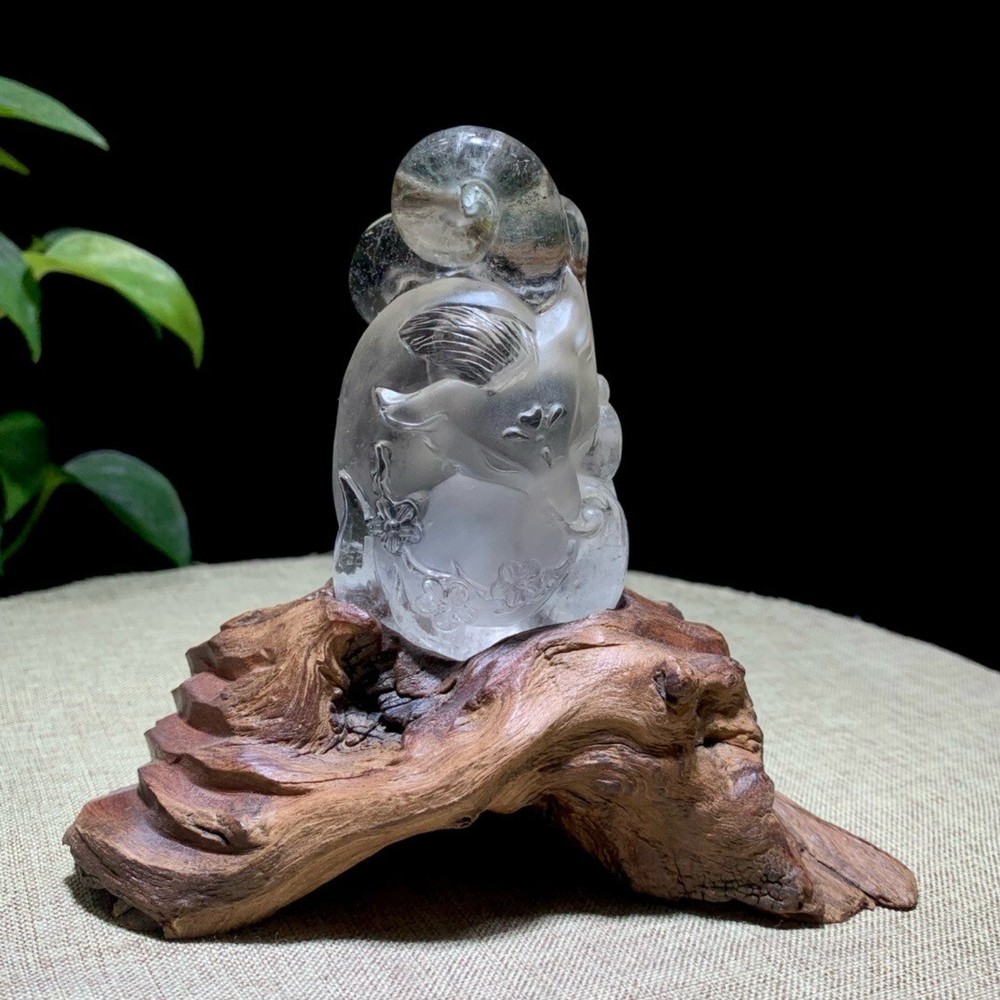 323g Natural Clear White Crystal Quartz Carved Nine-Tailed Fox with Display Stand