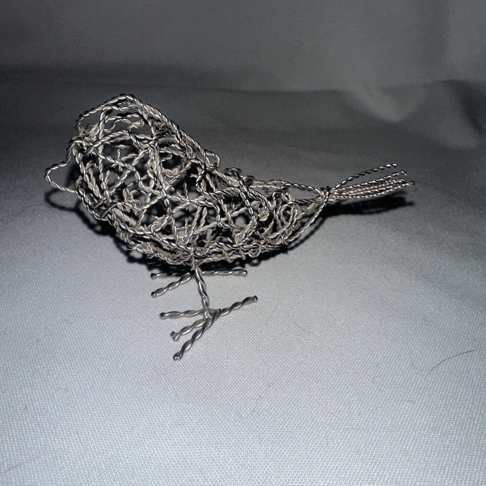 Metal Woven Wire Mesh Standing Silver Bird Figurine Decor Handmade Shelf Sitter