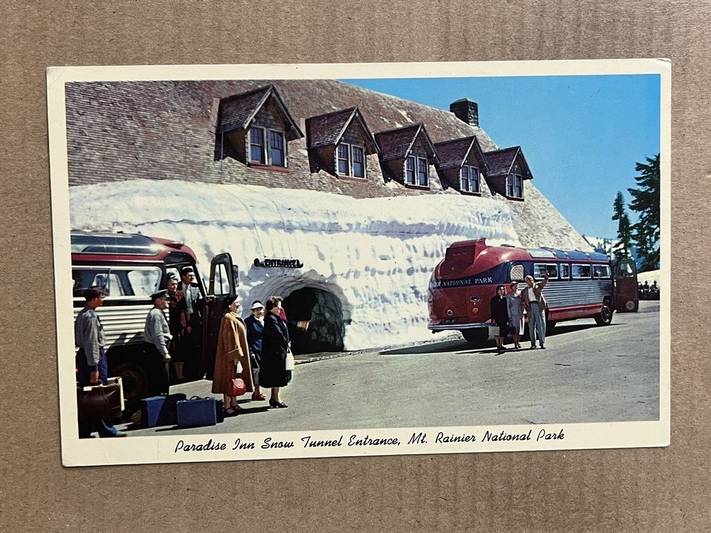 Postcard Washington WA Mt Rainier National Park Paradise Inn Hotel Snow Tunnel