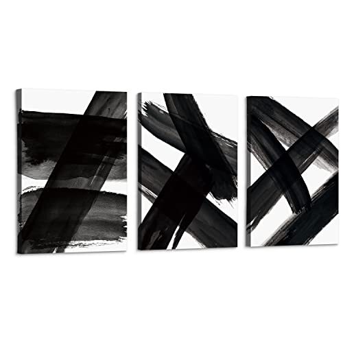 ArtbyHannah Black and White Abstract Canvas Wall Art with Strokes Abstract Sh...-image