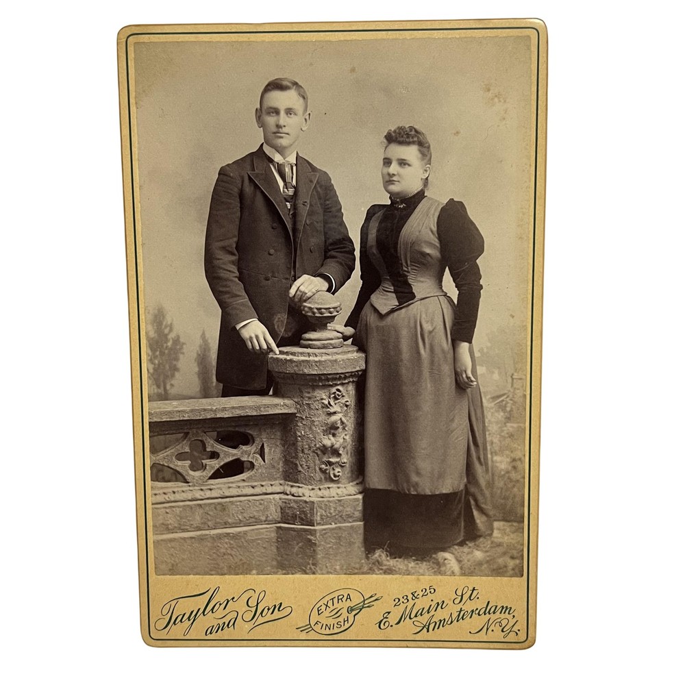 Vintage Taylor & Son Cabinet Card Photo Couple Amsterdam NY 4x6 Sepia Portrait